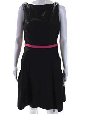 Milly of NY Vintage Midi Fit & Flare Dress in Black with Pink Ribbon Size 8